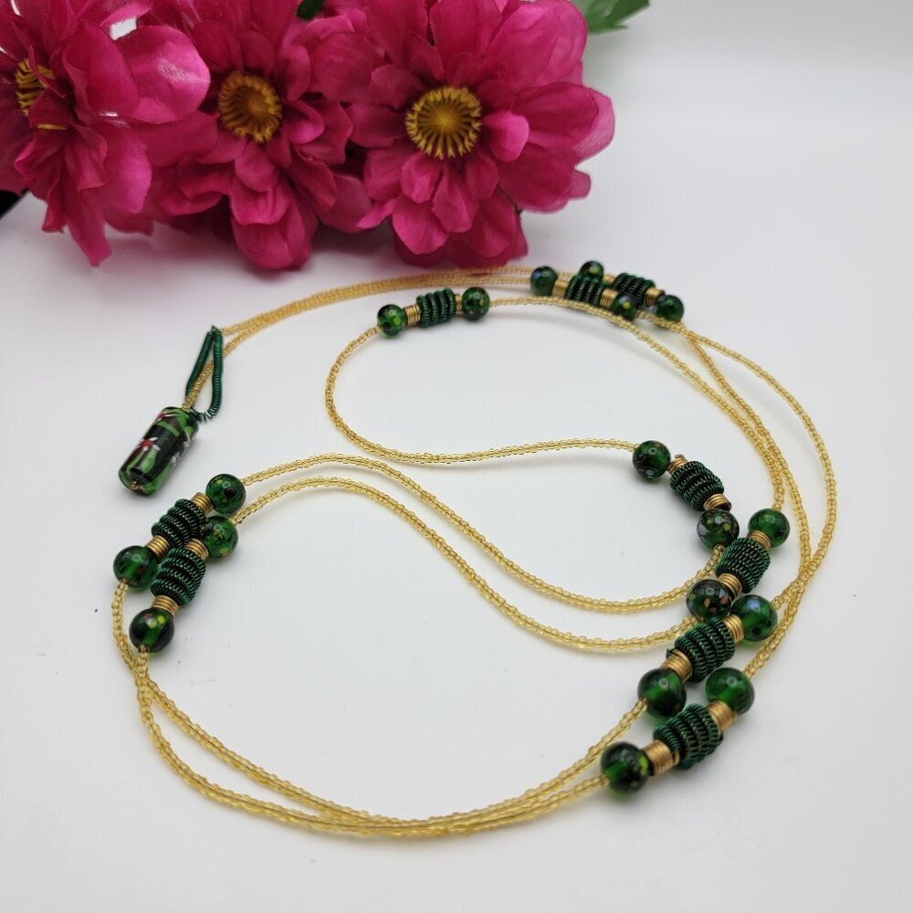 Marigold Seed Bead Green Millefiori And Solid Glass Bead Necklace 64" Toggle